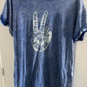Blue Graphic T-Shirt Dress with Peace Sign